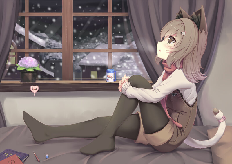 Cat-eared Girl on Bed — Gray