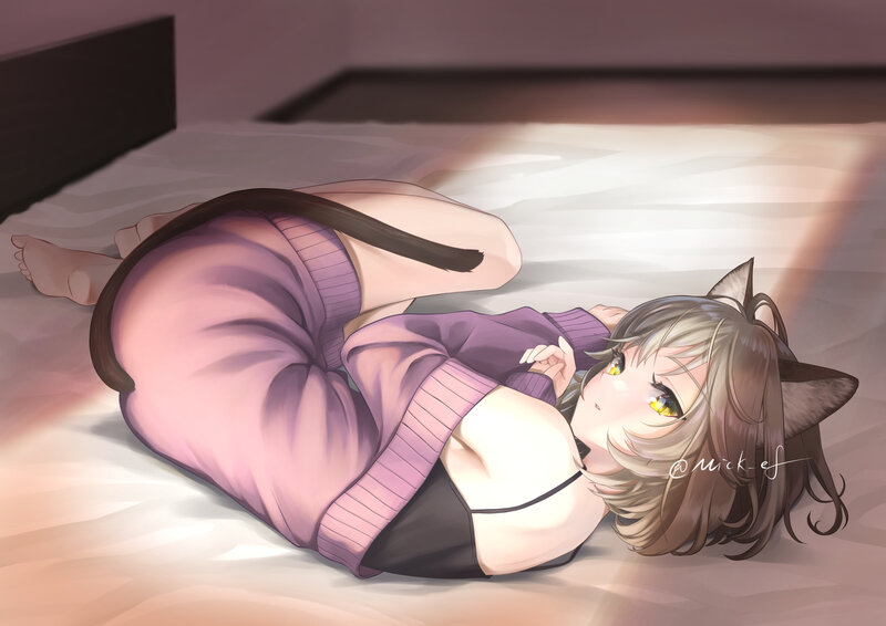 Cat-eared Girl on Bed — Purple