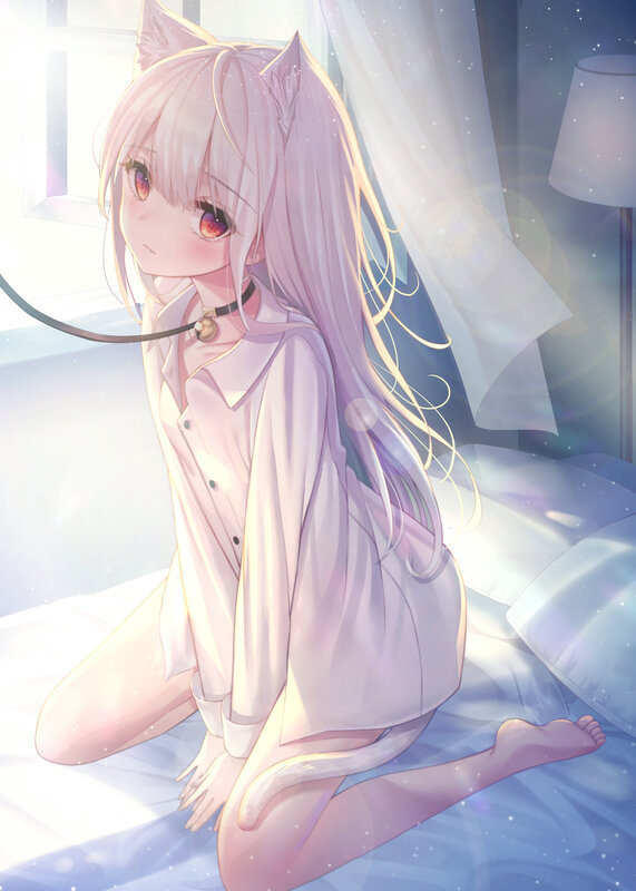 Cat-eared Girl on Bed — White