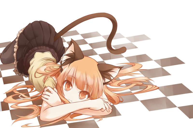 cat-eared girl on checkered floor
