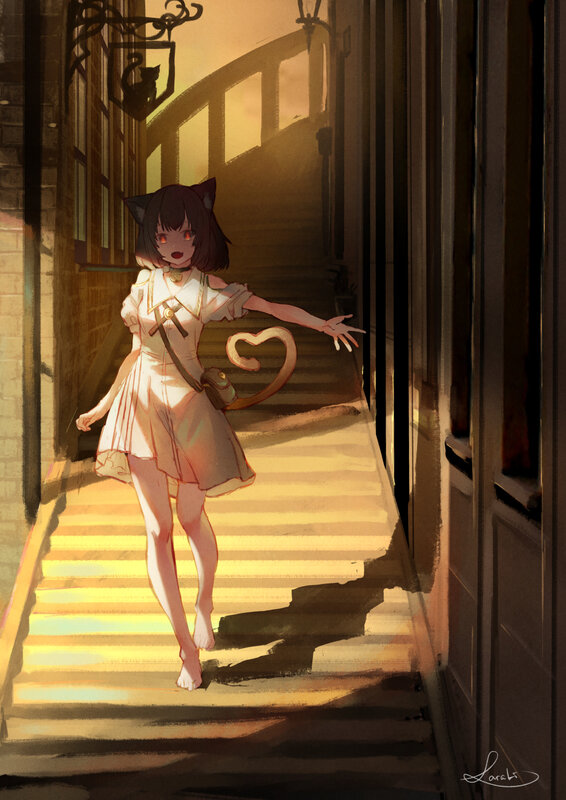 Cat-eared Girl on Stairs