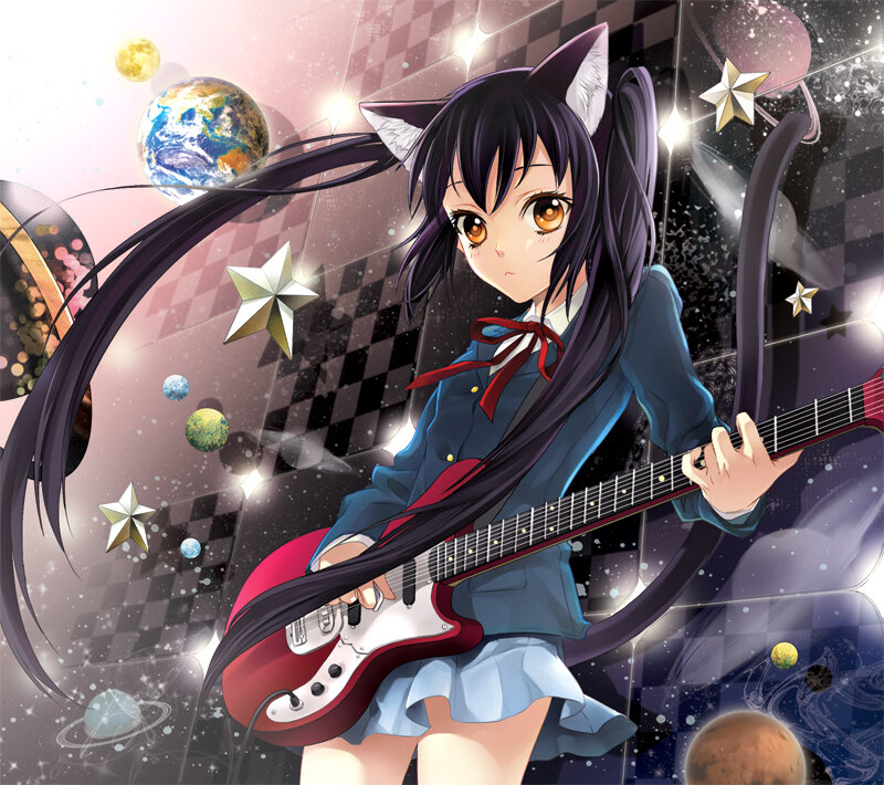 Cat-eared Girl Playing Guitar — Blue