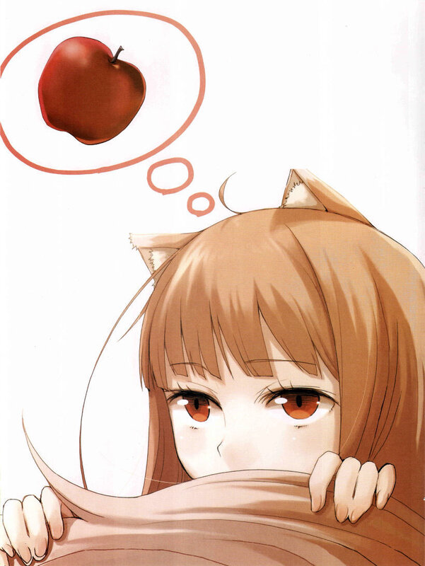 cat-eared girl thinking of apple