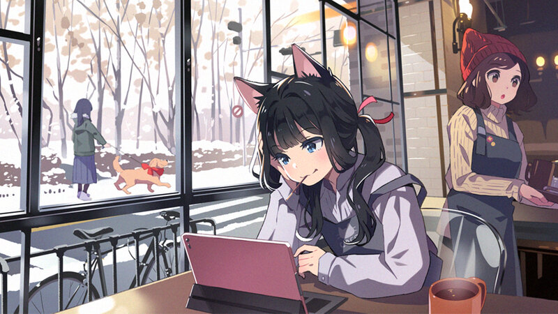 Cat-eared Girl Using Tablet