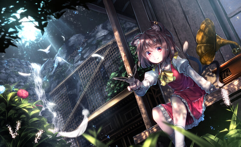 Cat-eared Girl with Bird — Red