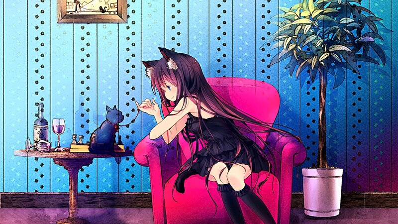 Cat-eared Girl with Cat — Blue, Calm, Night
