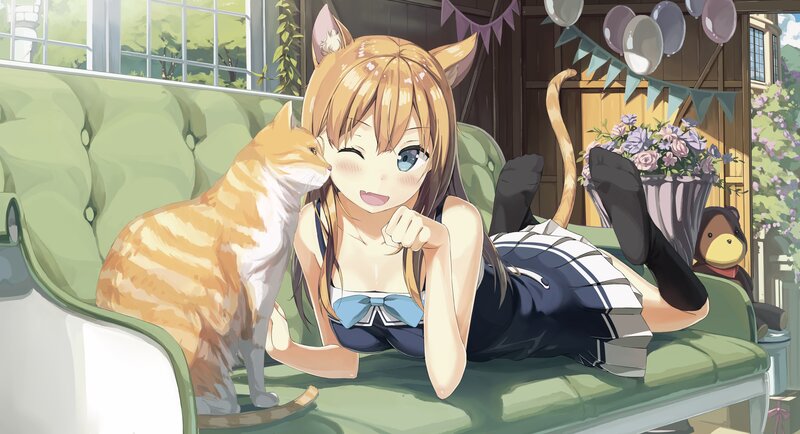Cat-eared Girl with Cat — Green
