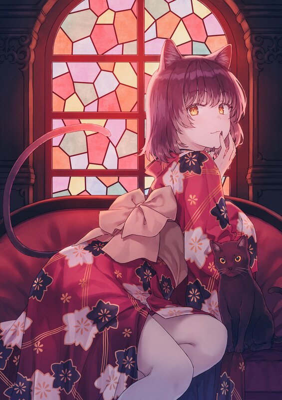 Cat-eared Girl with Cat — Red