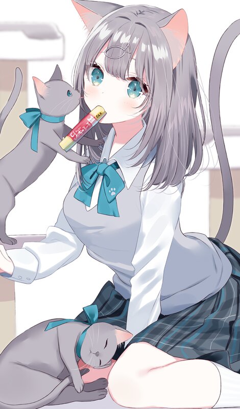 Cat-eared Girl with Cats — Gray