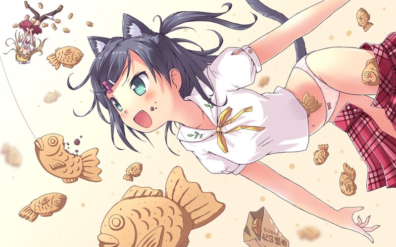 Cat-eared Girl with Fish-shaped Snacks — White