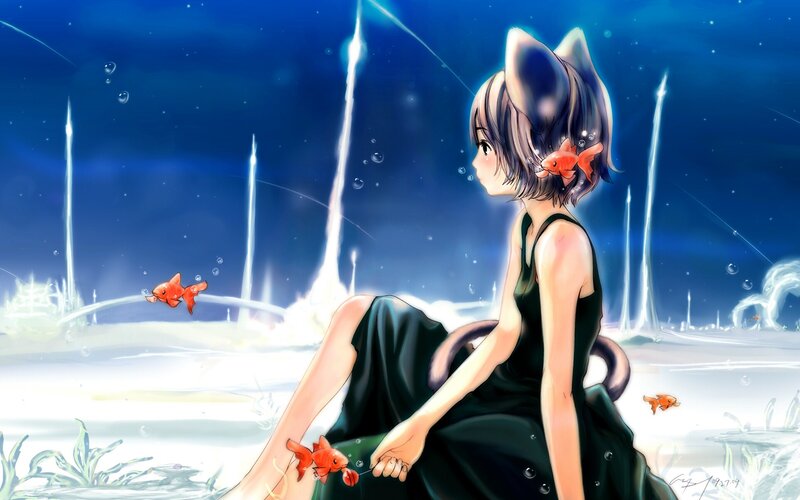 Cat-eared Girl with Goldfish — Blue