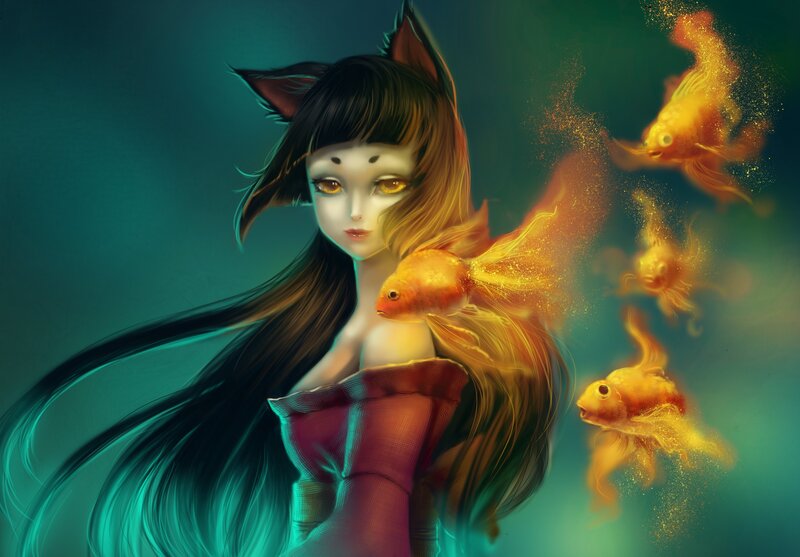 Cat-eared Girl with Goldfish — Teal, Serene