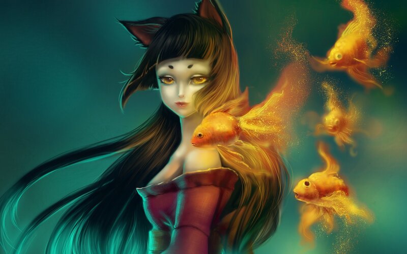 Cat-eared Girl with Goldfish — Teal