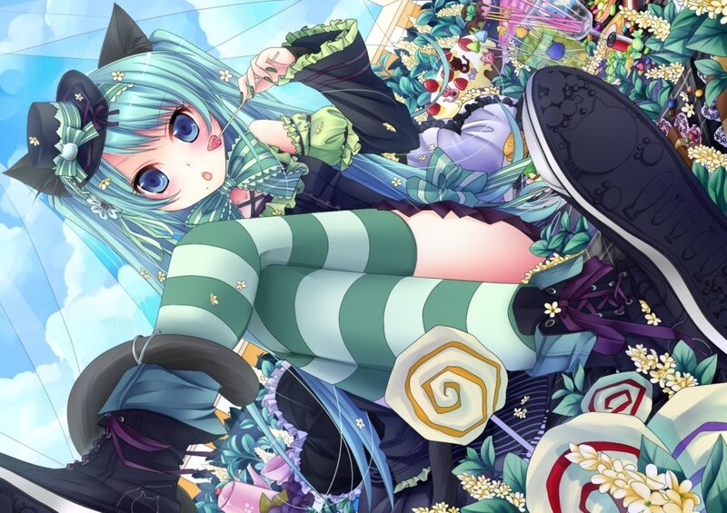 cat-eared girl with green hair