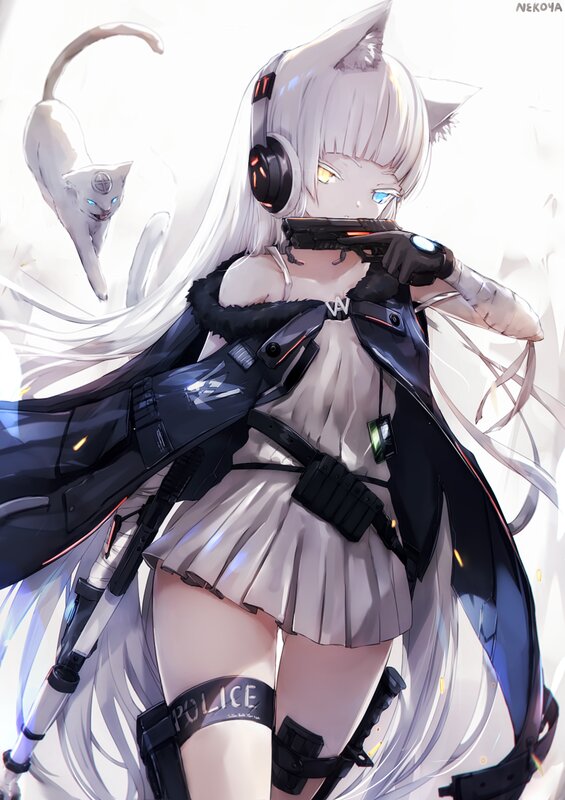 Cat-eared Girl with Gun — White, Dramatic