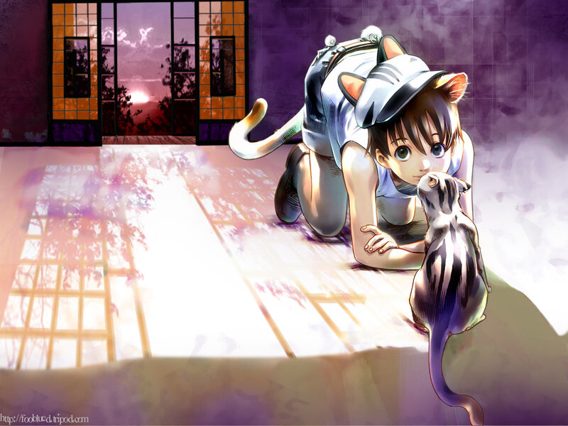 Cat-eared Girl with Kitten — Purple