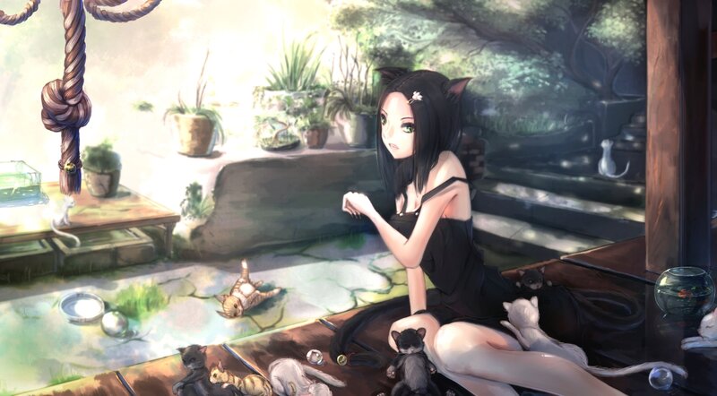 Cat-eared Girl with Kittens — Black