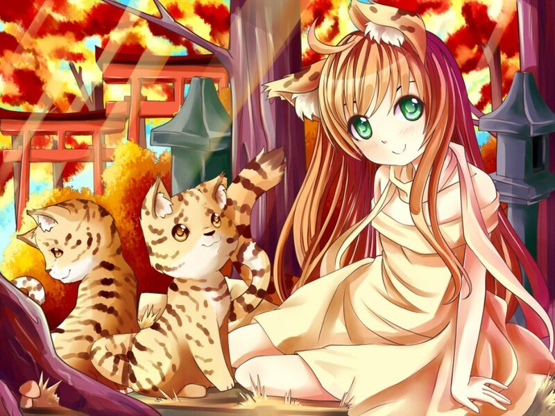 Cat-eared Girl with Kittens — Orange