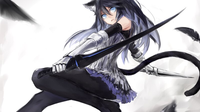 Cat-eared Girl with Sword — Black, Dramatic, Digital Art
