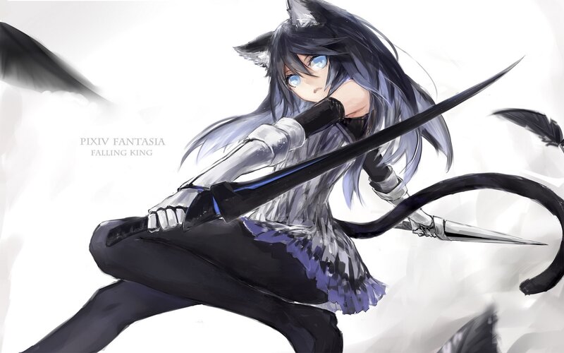 Cat-eared Girl with Sword — Black, Dramatic