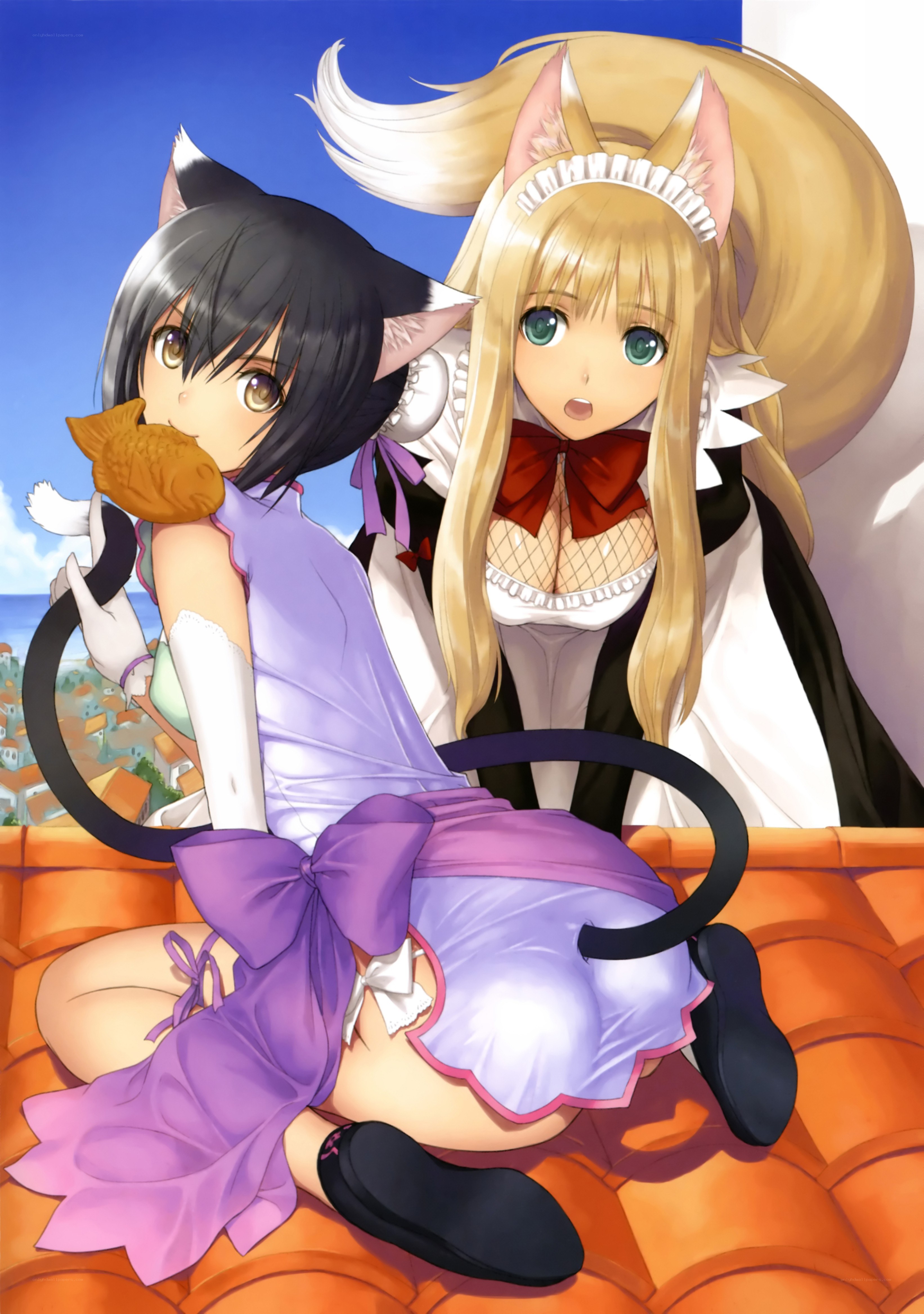 Cat-eared girls on a rooftop