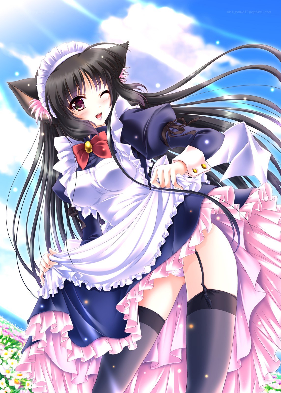 cat-eared maid in a field