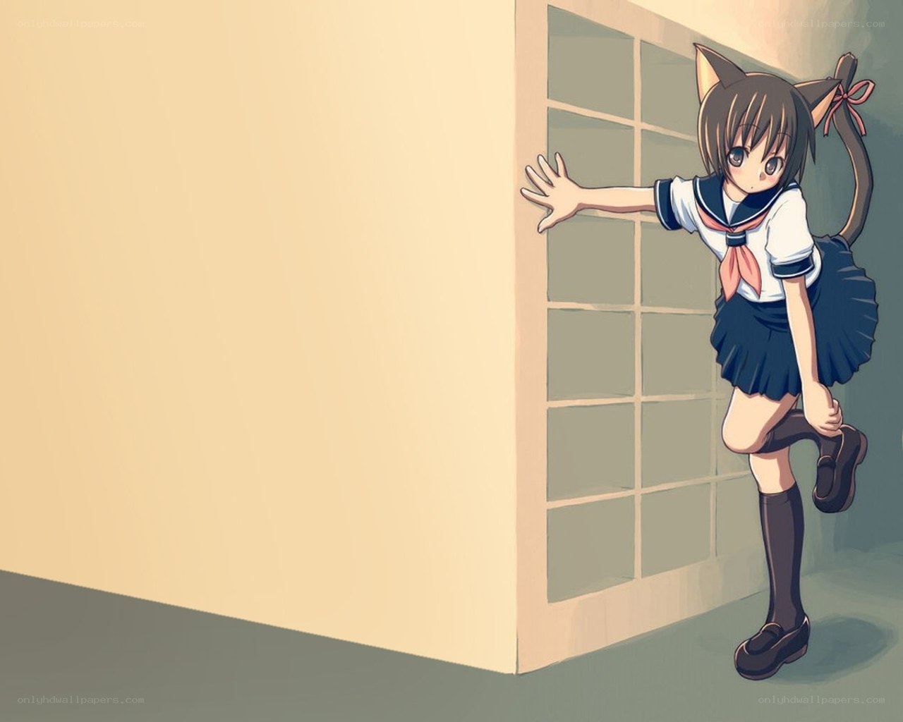 cat-eared schoolgirl peeking