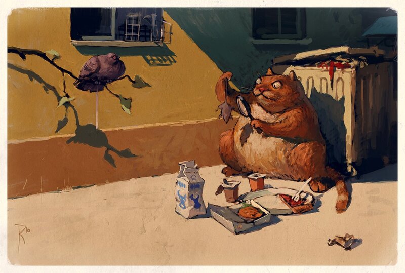Cat eating trash with a bird