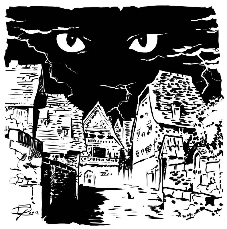 Cat eyes over a village
