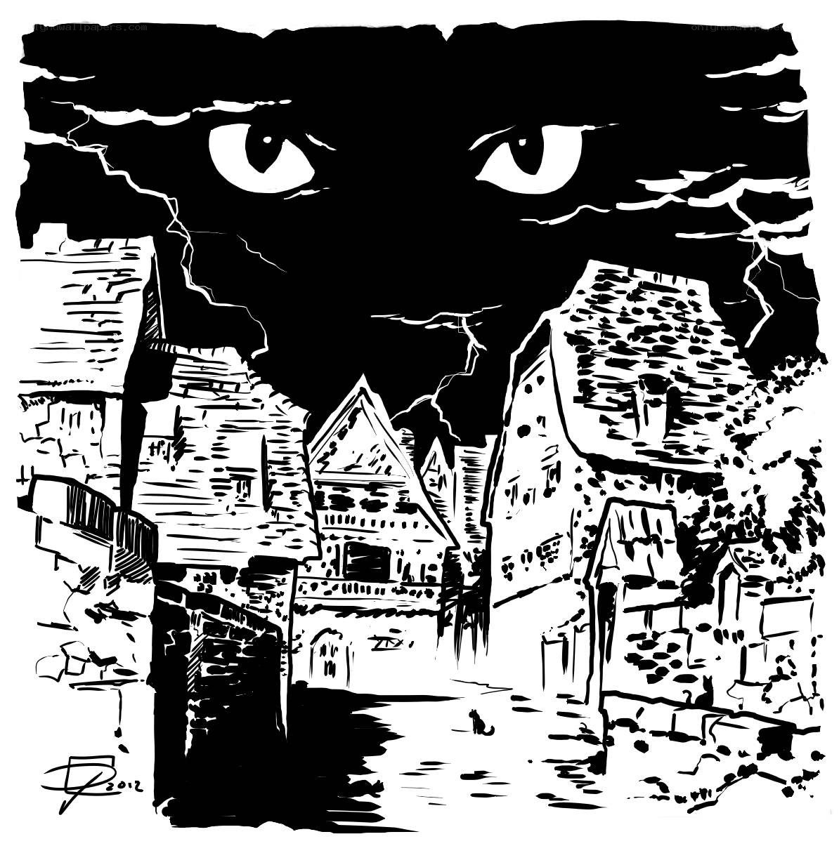 Cat eyes over a village
