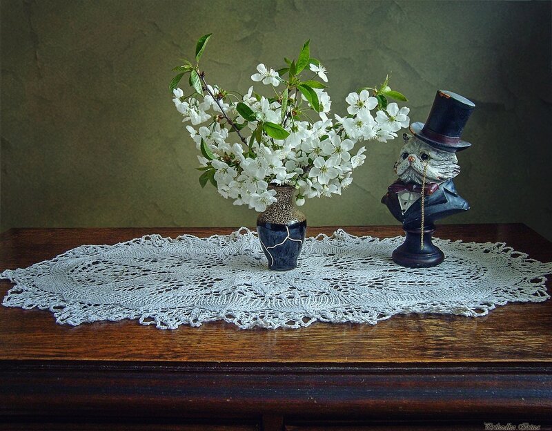 Cat Figurine with Flowers