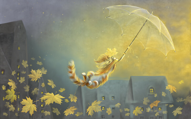 Cat Flying with Umbrella