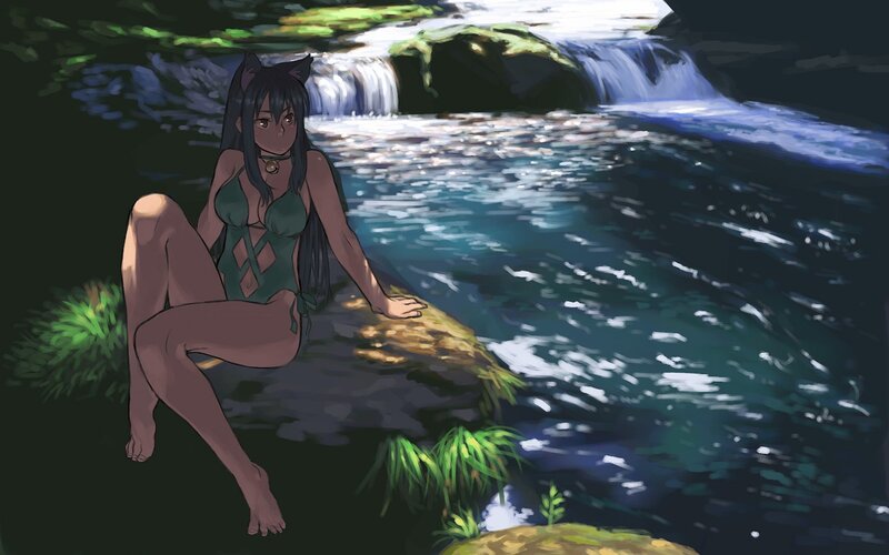 cat girl by the waterfall