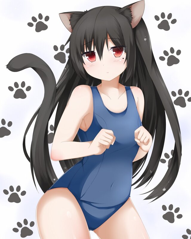 cat girl in blue swimsuit