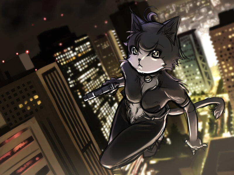 cat girl in city at night