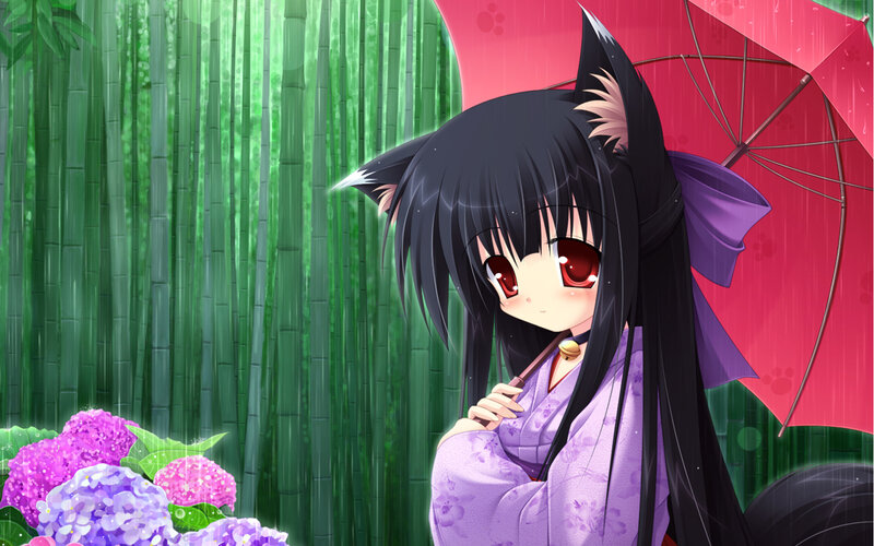 cat girl in rain with umbrella