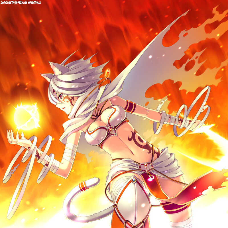 cat girl mage in fire