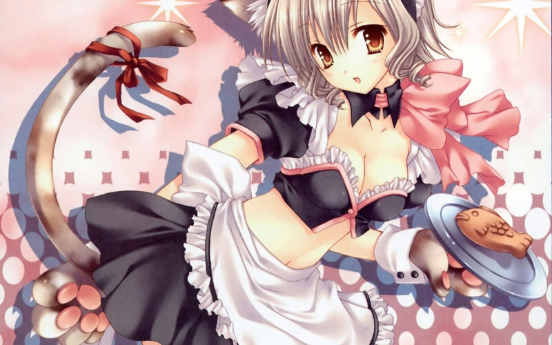 cat girl maid holding fish