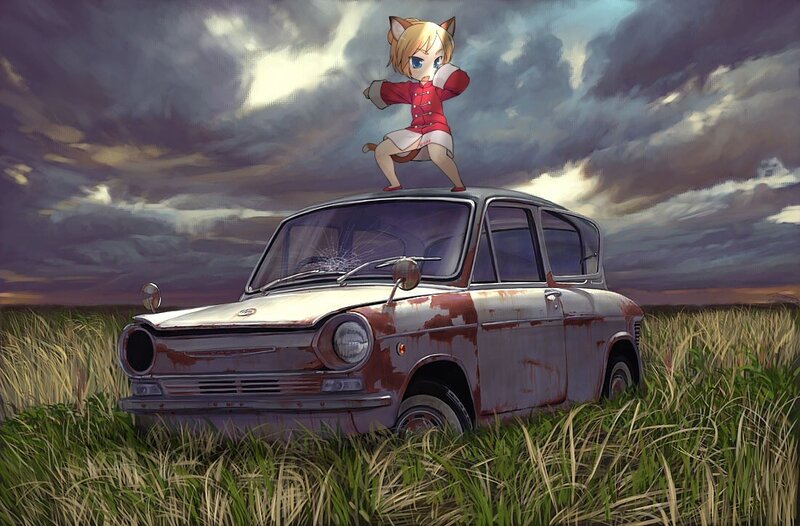 cat girl on old car