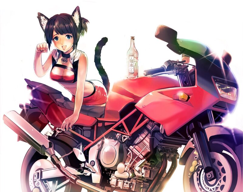 cat girl on red motorcycle