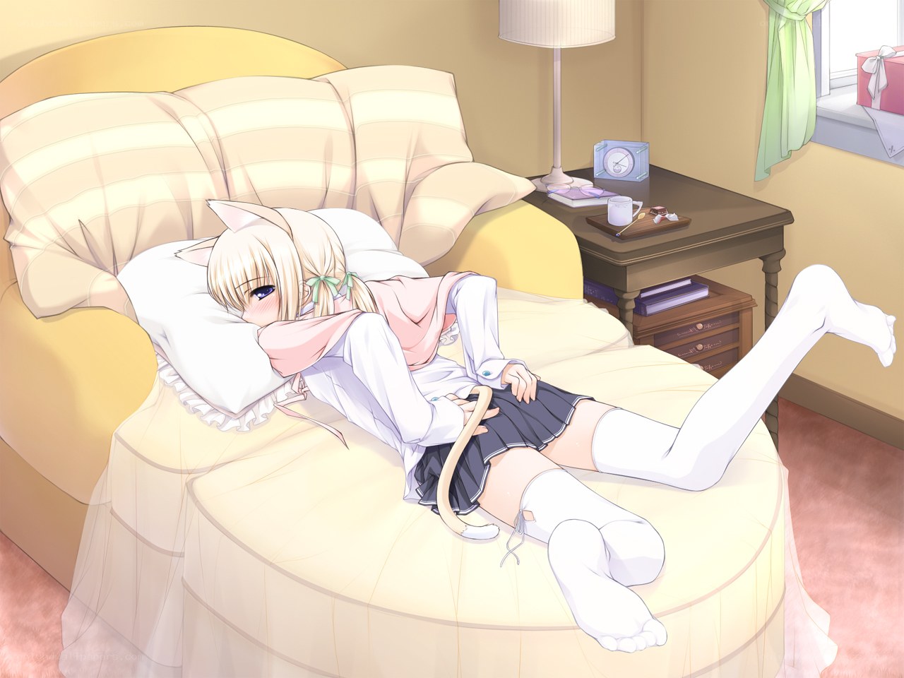 cat girl resting on sofa