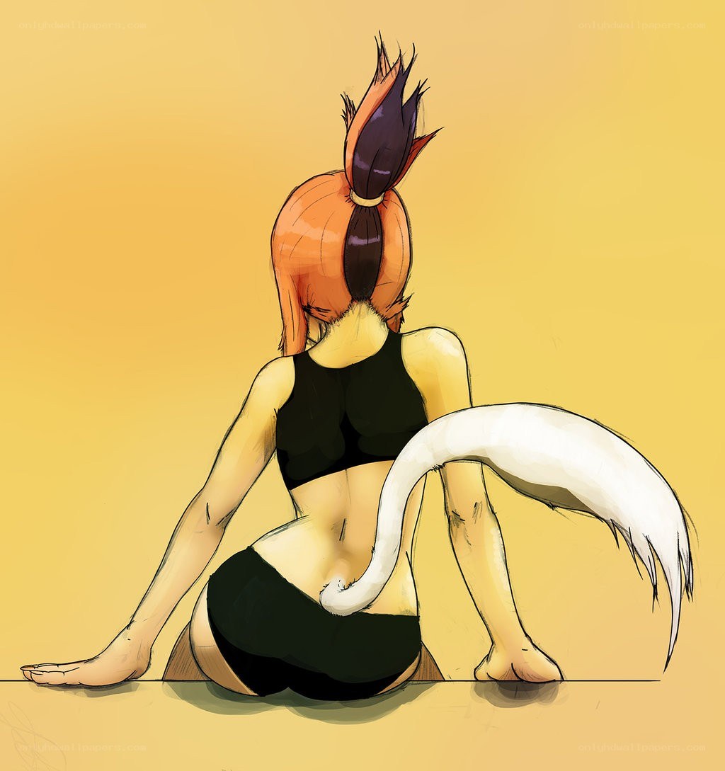 cat girl sitting back view
