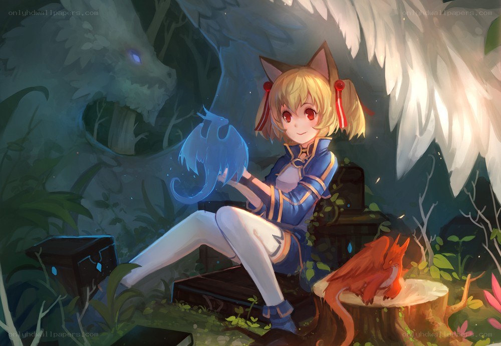 cat girl with magical creatures