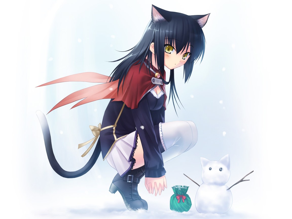 cat girl with snowman