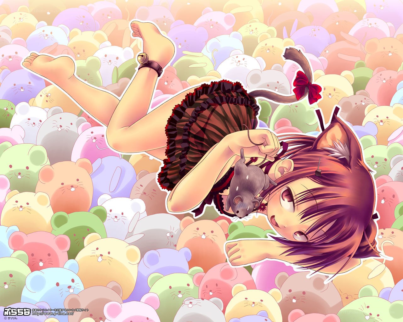 cat girl with stuffed animals