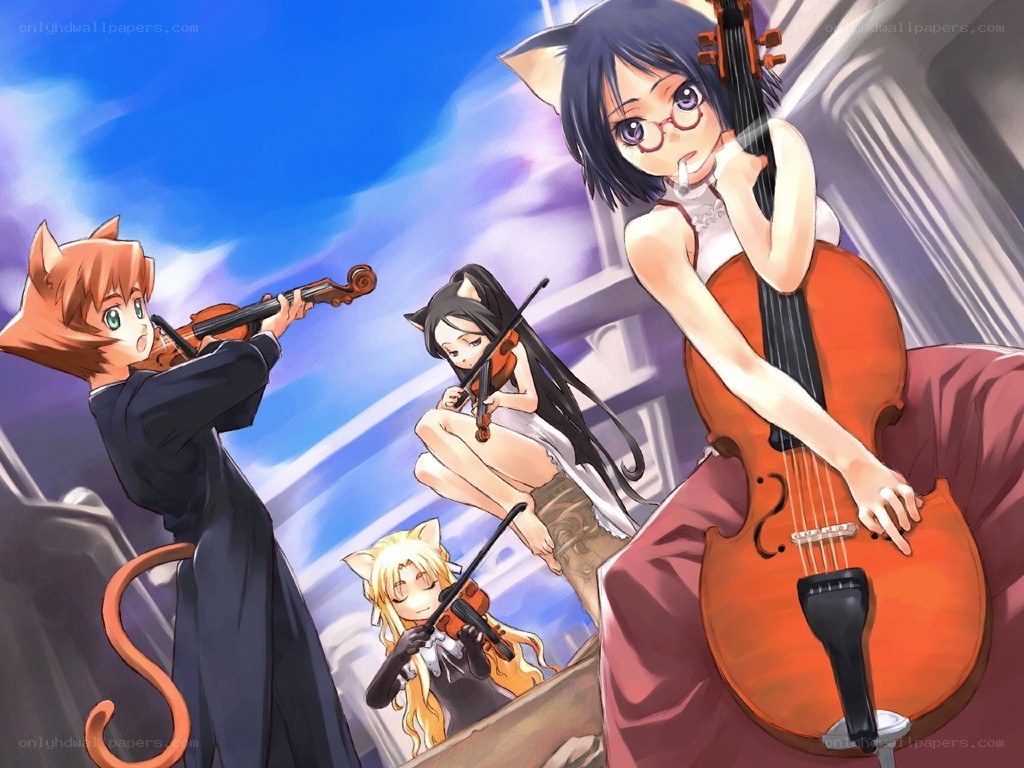 cat girls playing string instruments