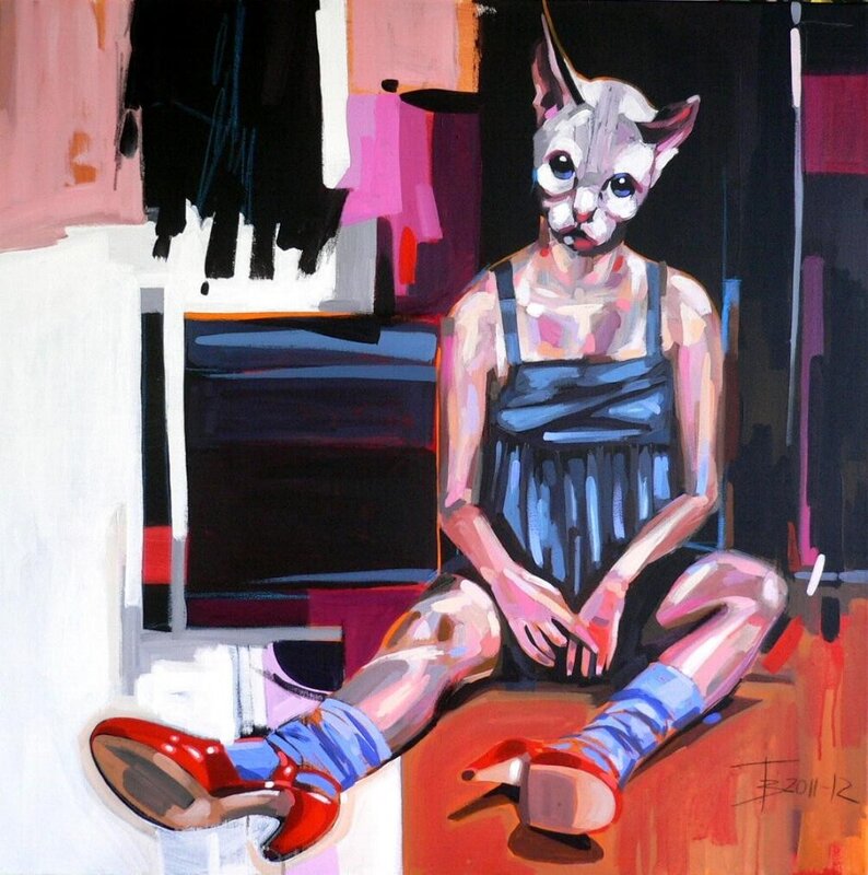 cat-headed figure in dress