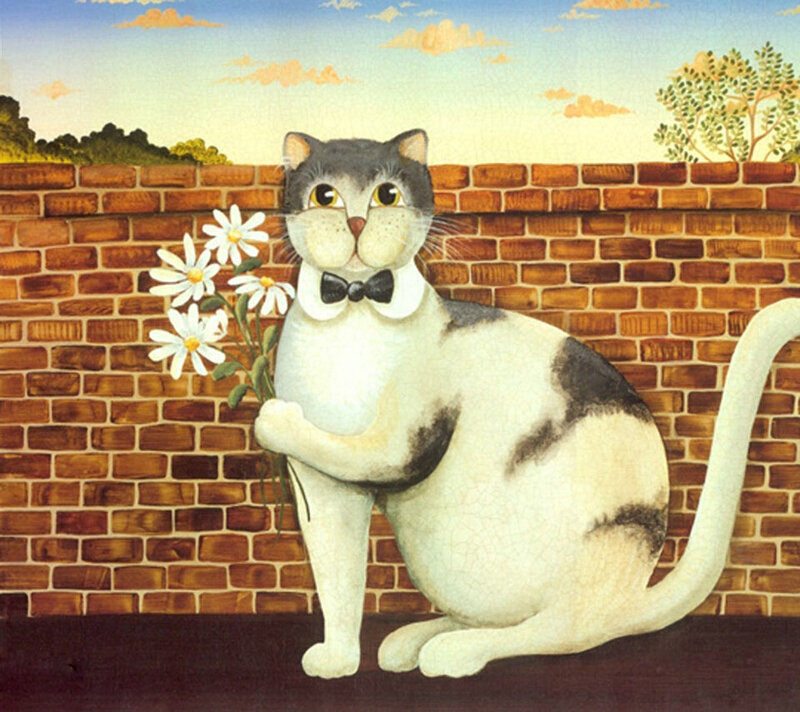 Cat Holding Flowers — White