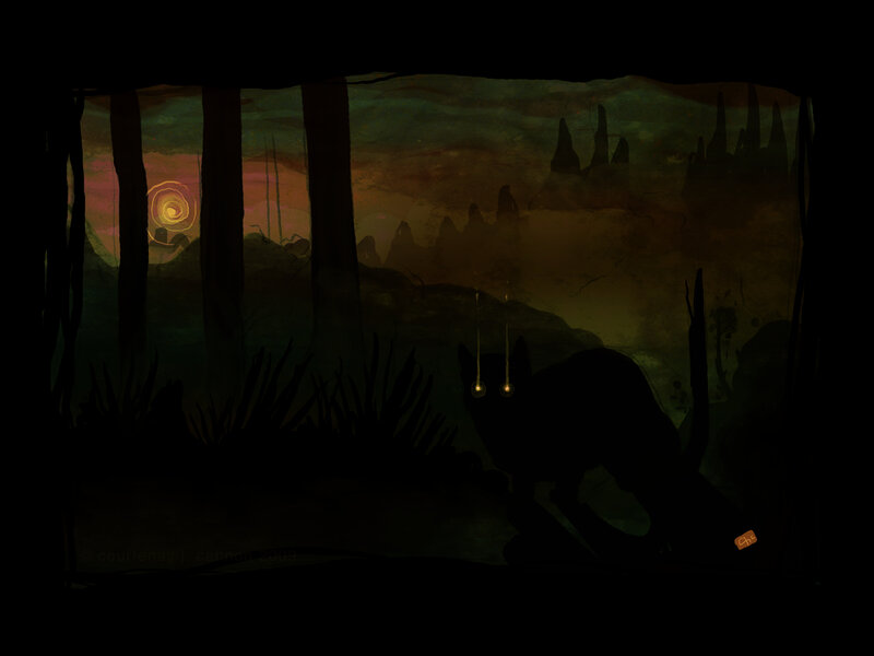 cat in a dark forest