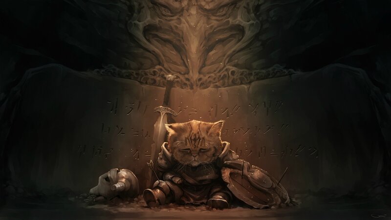 Cat in Armor — Brown, Dramatic, Digital Art
